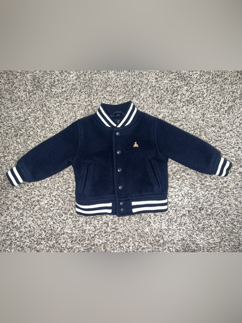 GAP Navy and White Striped Trim Kids Varsity Jacket
